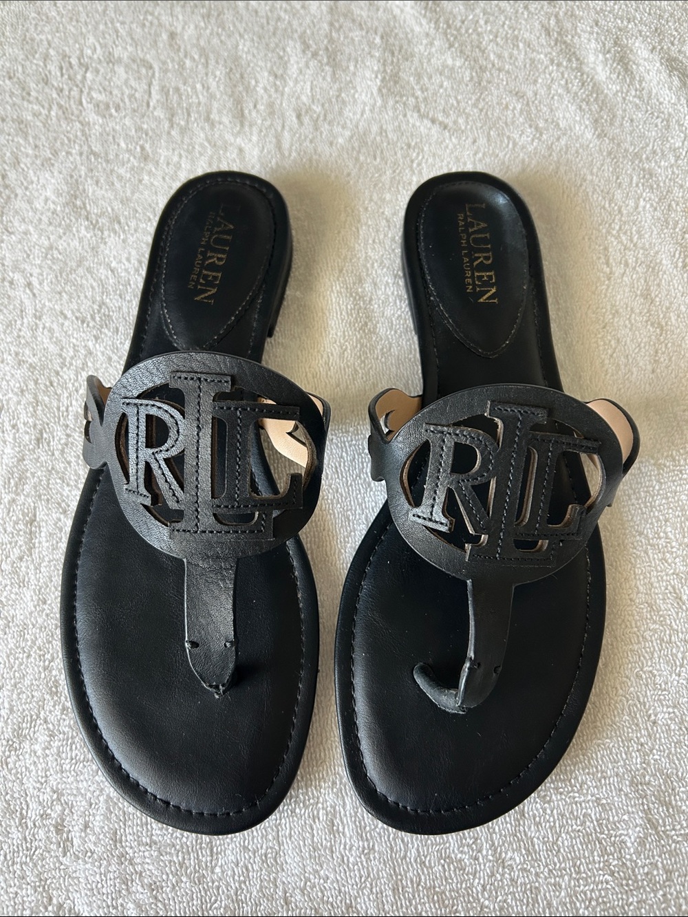 Ralph Lauren Black Leather RL Logo Thong Sandals - Women, Semi New, Size 9.5.